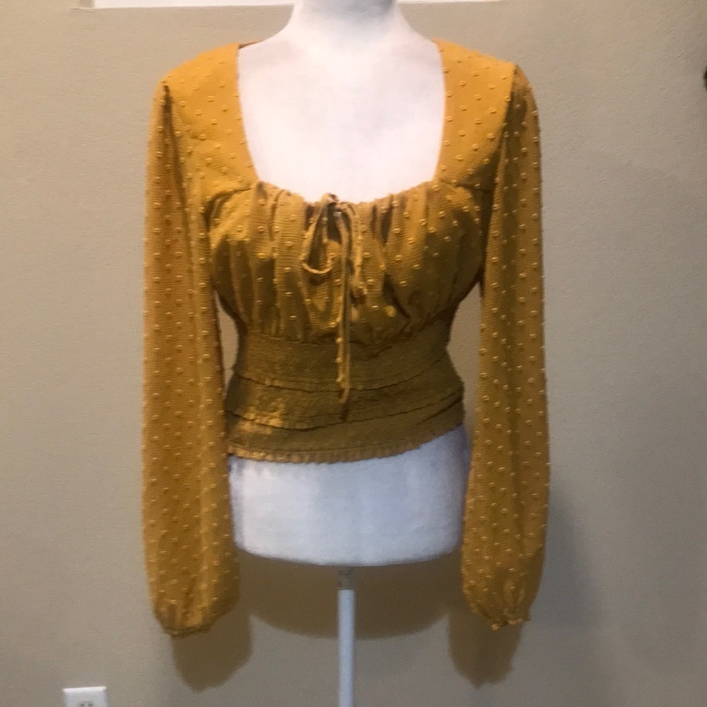 MINKPINK  Smocked Long Puff Sleeve Crop Top  Elastic Waist-& Square Tie Neck-L